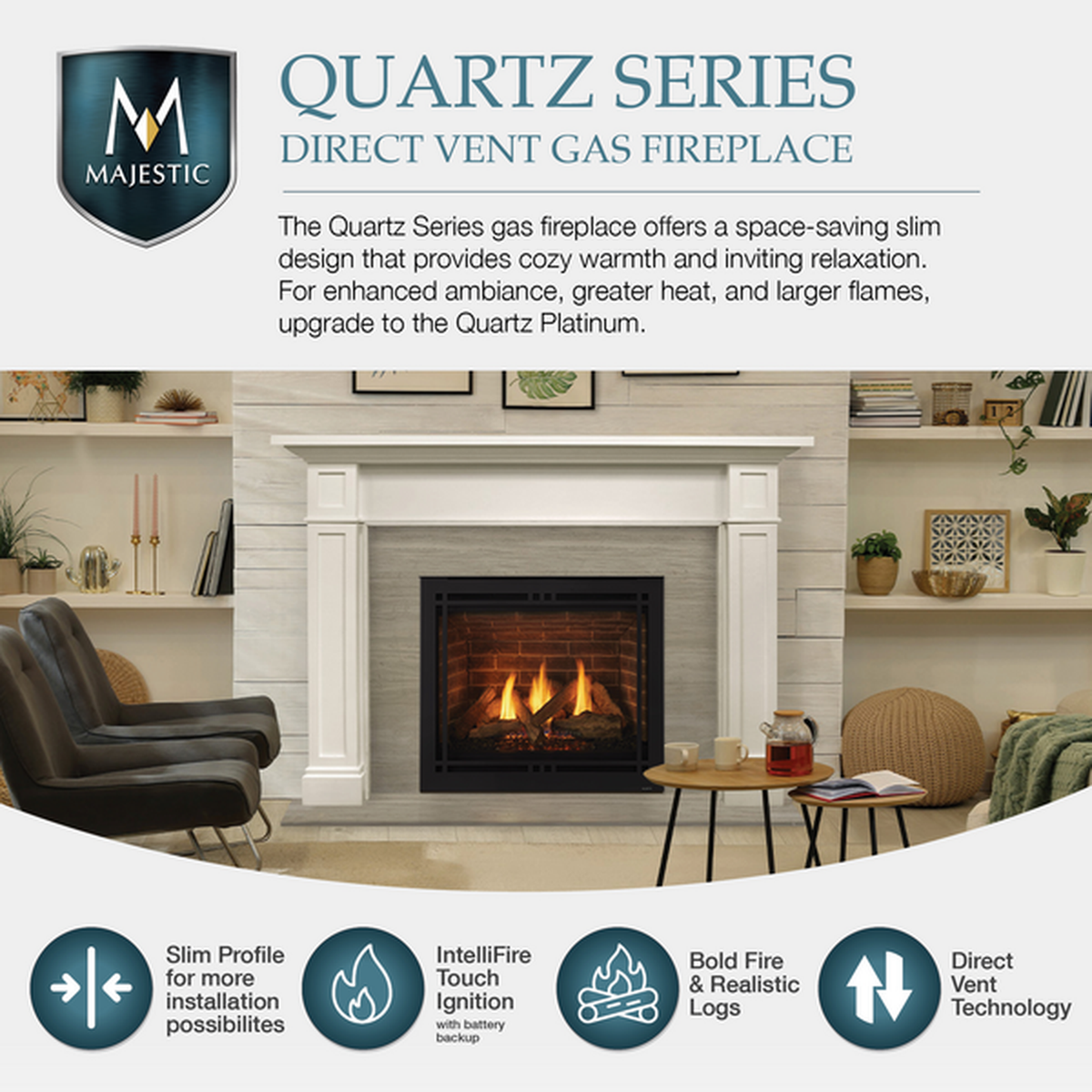 Majestic Quartz 36" Traditional Top/Rear Direct Vent Natural Gas Fireplace With IntelliFire Touch Ignition System