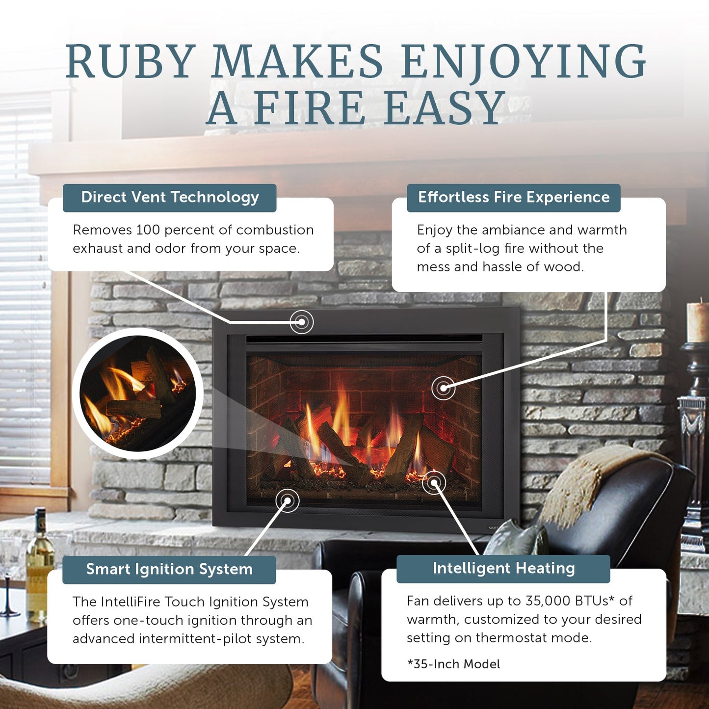 Majestic Ruby 25" Traditional Direct Vent Natural Gas Fireplace Insert With IntelliFire Touch Ignition System