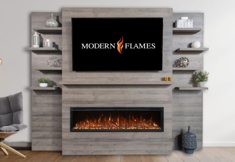 Modern Flames Coastal Sand Allwood Media Wall System With Side Shelves for Spectrum Slimline 60" Fireplace