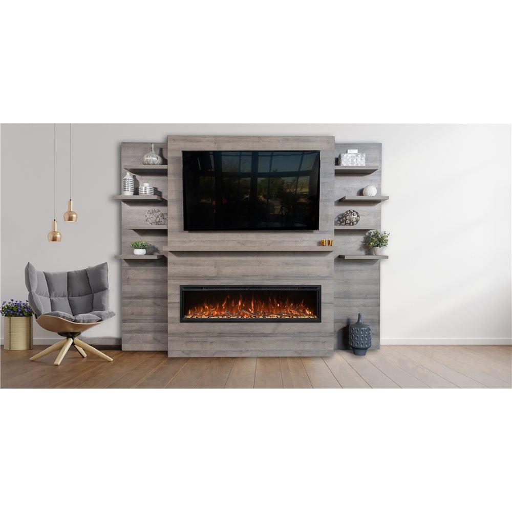 Modern Flames Weathered Walnut Allwood Media Wall System With Side Shelves for Spectrum Slimline 60" Fireplace