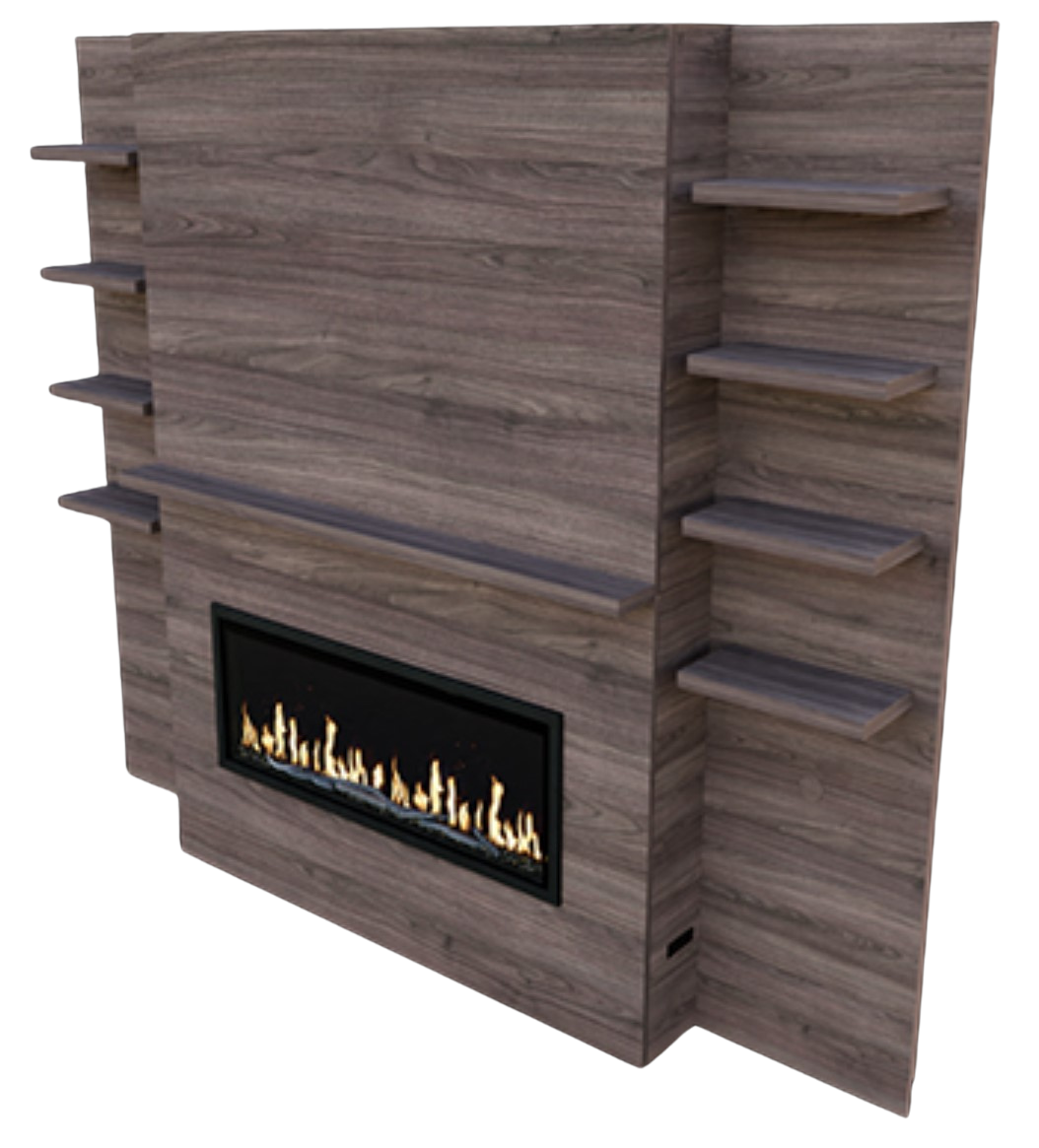 Modern Flames Weathered Walnut Complete Allwood Media Wall Fireplace System for OR60-SLIM With Side Shelves