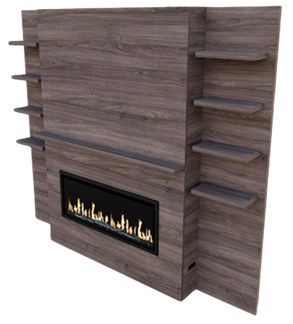 Modern Flames Weathered Walnut Complete Allwood Media Wall Fireplace System for OR60-SLIM With Side Shelves