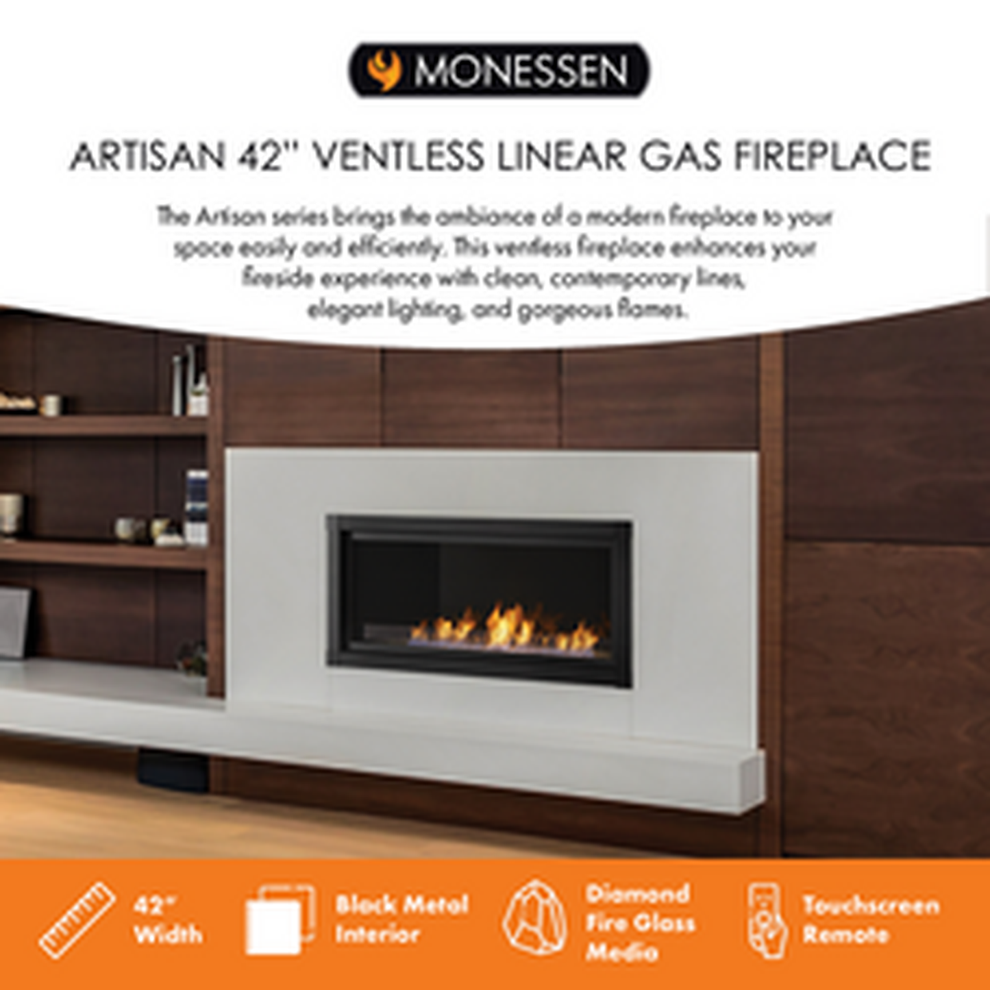 Monessen Artisan 42" Reduced BTU Vent Free Natural Gas Linear Fireplace with IPI Plus Ignition