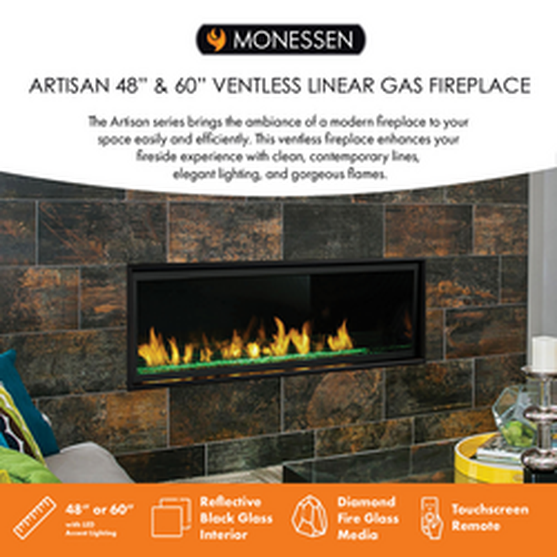 Monessen Artisan 60" Vent Free Liquid Propane Gas Linear Fireplace With IPI Plus Electronic Ignition
