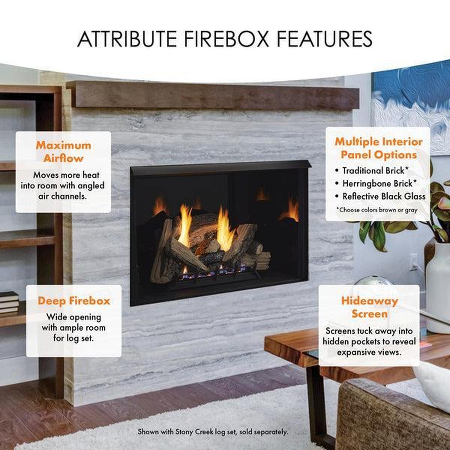 Monessen Attribute 42" Universal Circulating Vent Free Firebox With Radiant Face and Multitonal Gray Reversible Interior Panels