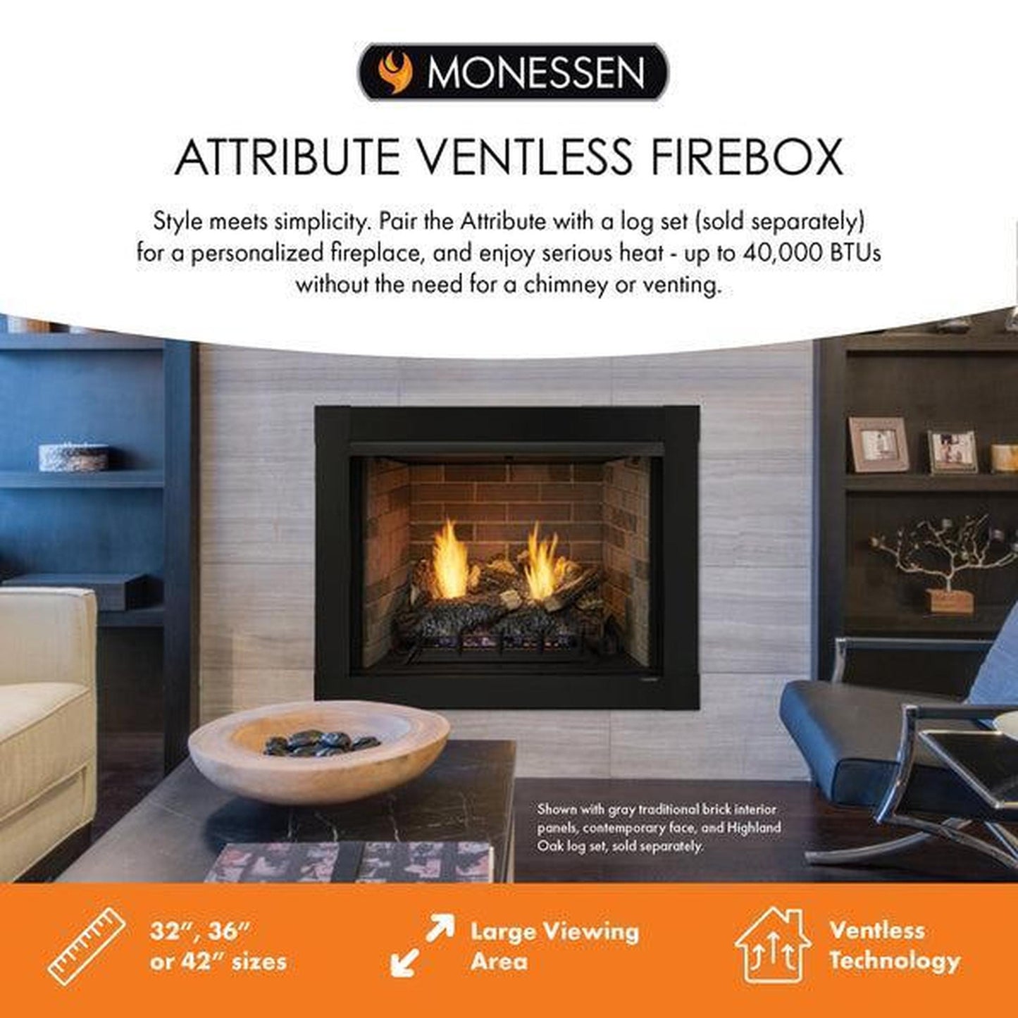 Monessen Attribute 42" Universal Circulating Vent Free Firebox With Radiant Face and Multitonal Gray Reversible Interior Panels