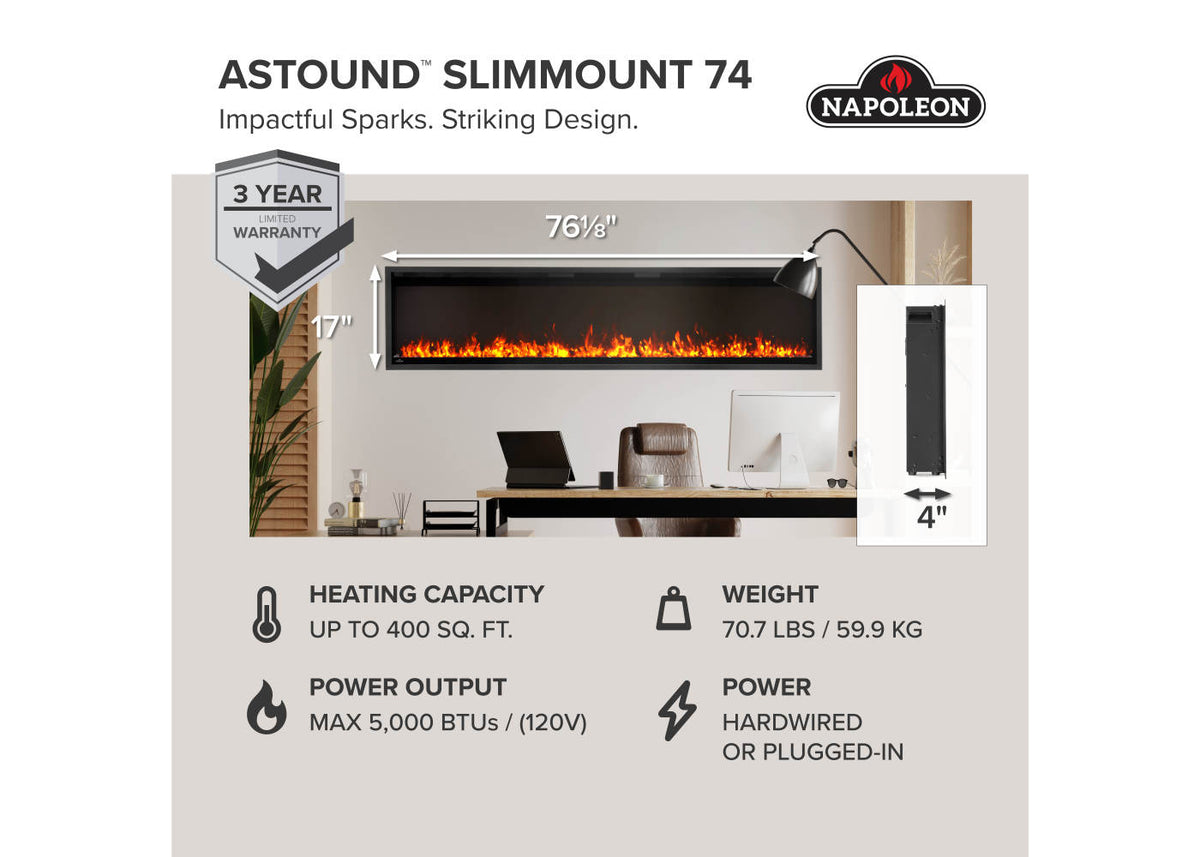 Napoleon Astound SlimMount 74" Wall-Mounted Electric Fireplace