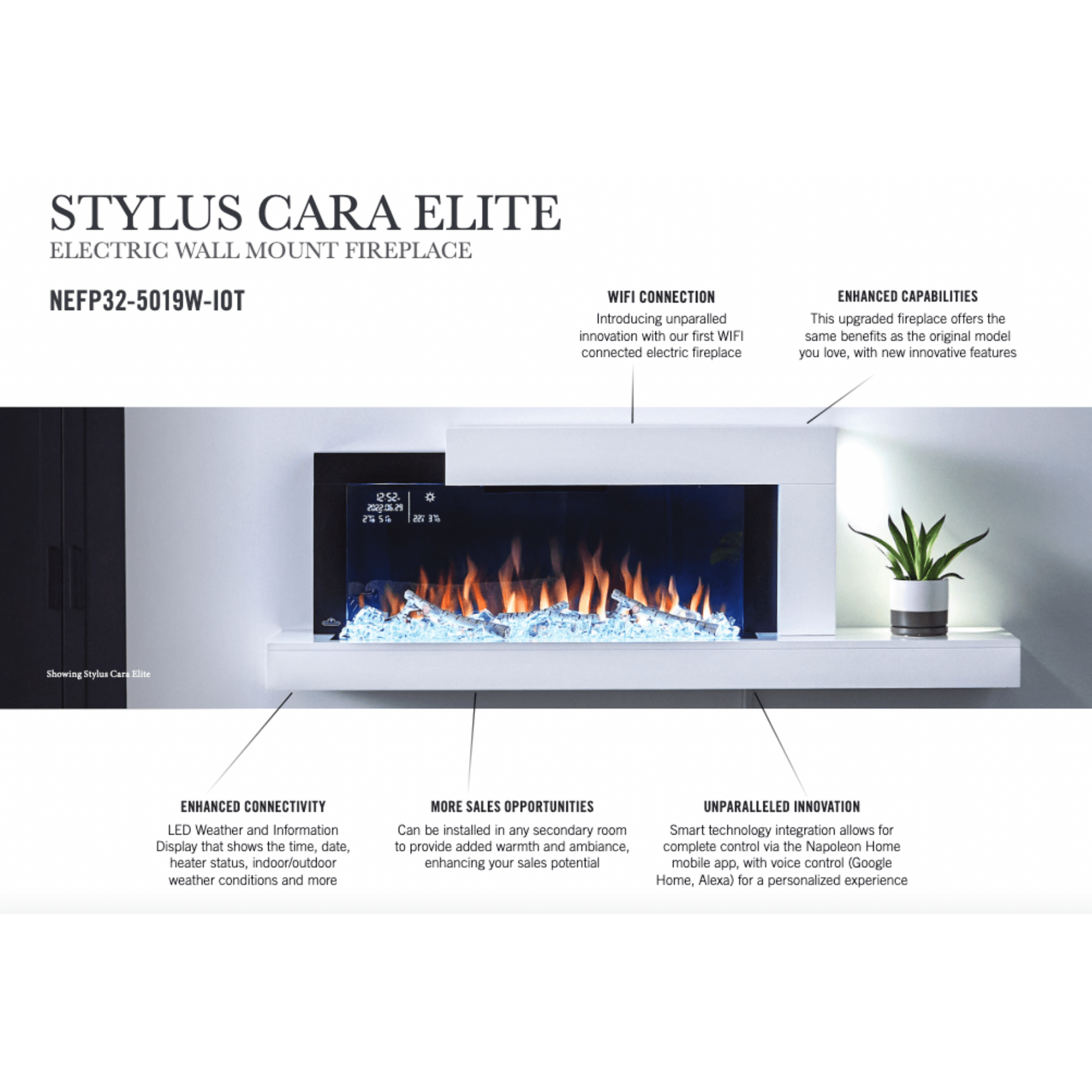 Napoleon Stylus Cara Elite 59" Wall-Mounted Electric Fireplace With Shelf