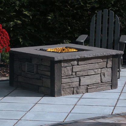 Nicolock 44" Encore Square Deluxe Match Throw Natural Gas Fire Pit Package with Surround in Stackstone Texture & Biscotti Tan Color