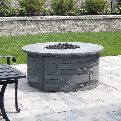 Nicolock 44" Ovation Round Smokeless Fire Pit Package with Surround in Ledgestone Texture & Biscotti Tan Color
