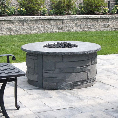 Nicolock 44" Ovation Round Smokeless2 Fire Pit Package with Surround in Stackstone Texture & Biscotti Tan Color