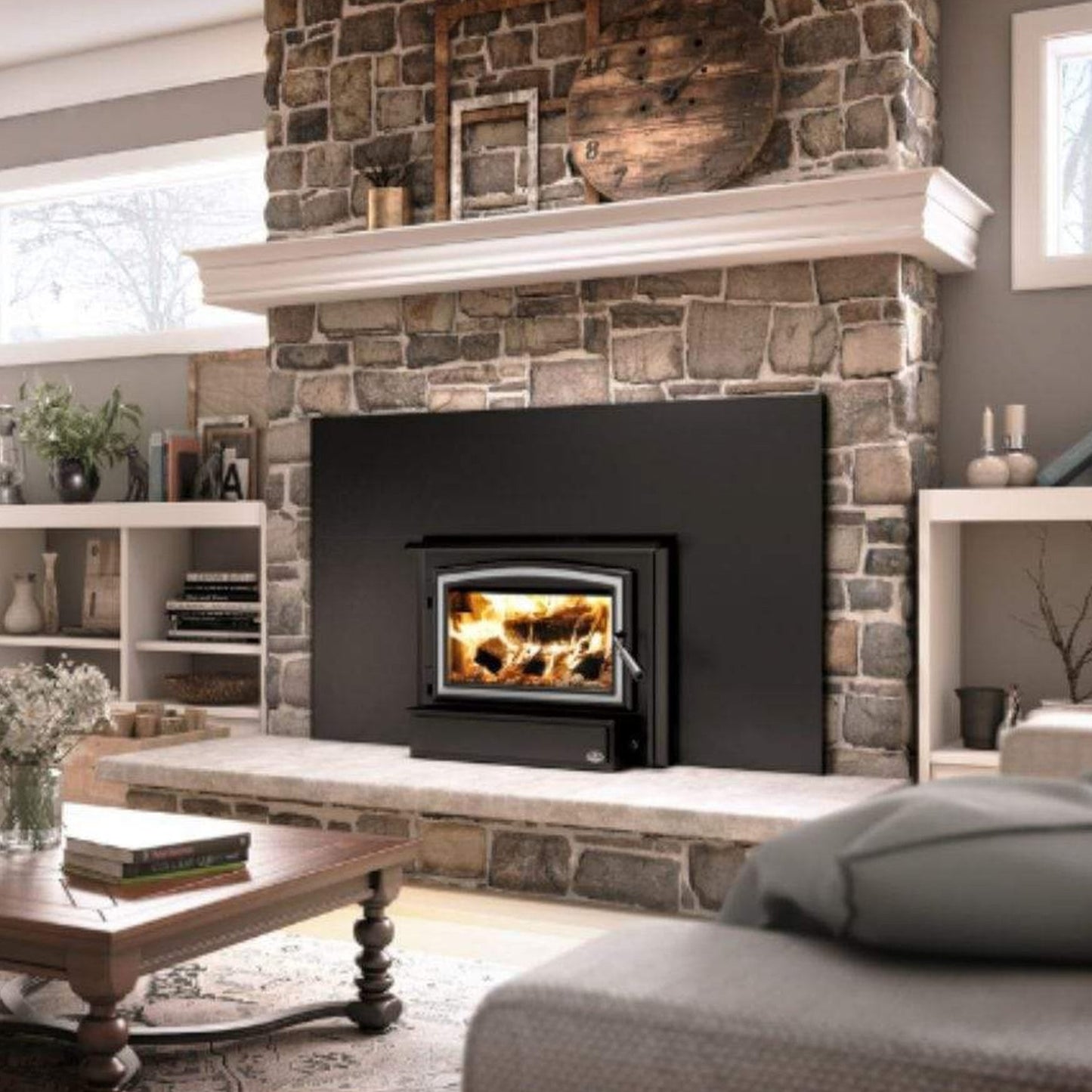 Osburn 1700 Wood Insert With Black Door Overlay, Large Faceplate & Brushed Nickel Large Faceplate Trims