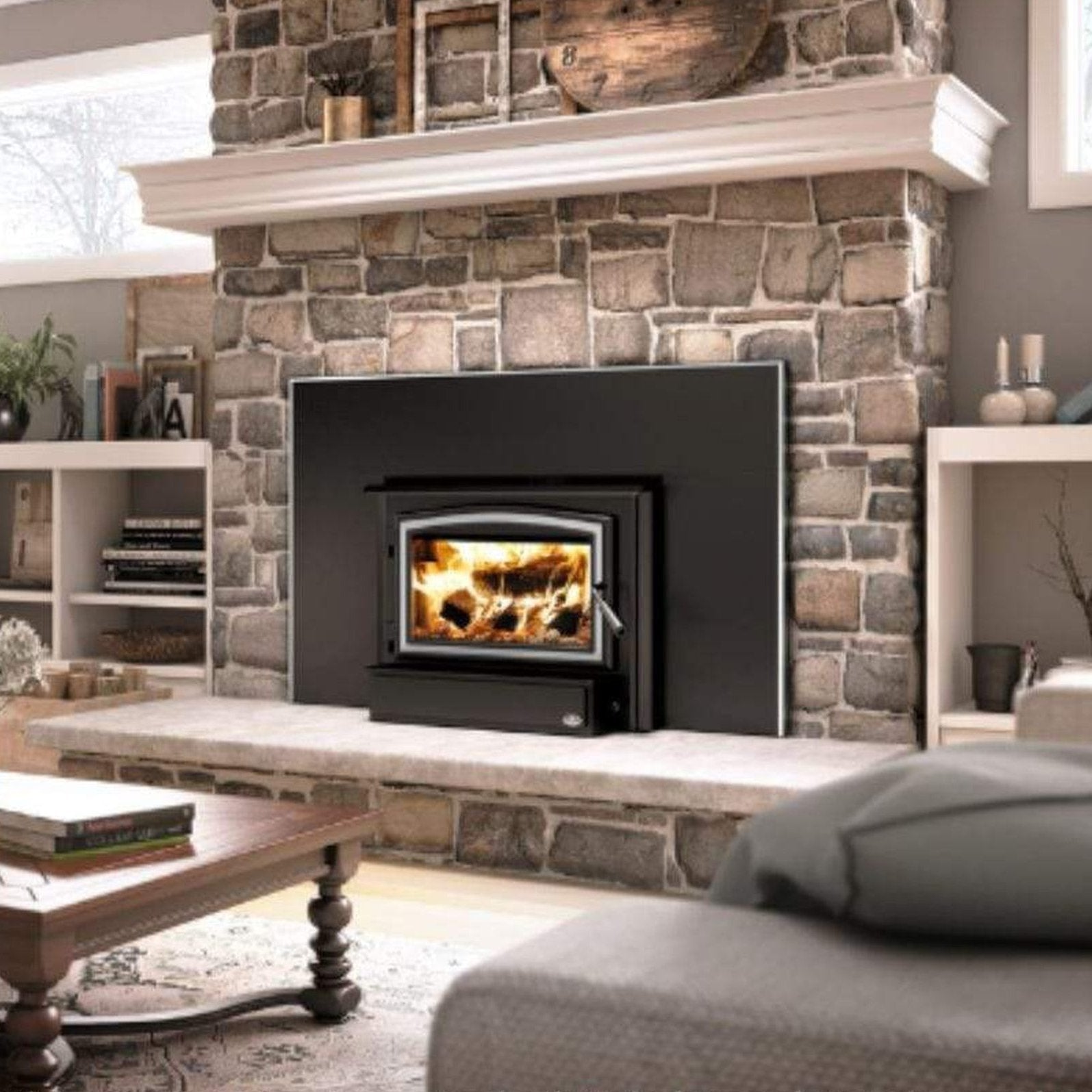 Osburn 1700 Wood Insert With Black Door Overlay, Large Faceplate & Brushed Nickel Large Faceplate Trims