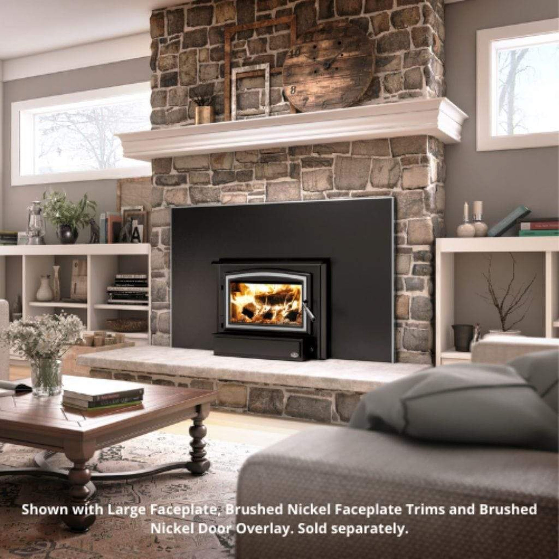 Osburn 1700 Wood Insert With Brushed Nickel Door Overlay, Faceplate & Black Large Faceplate Trims