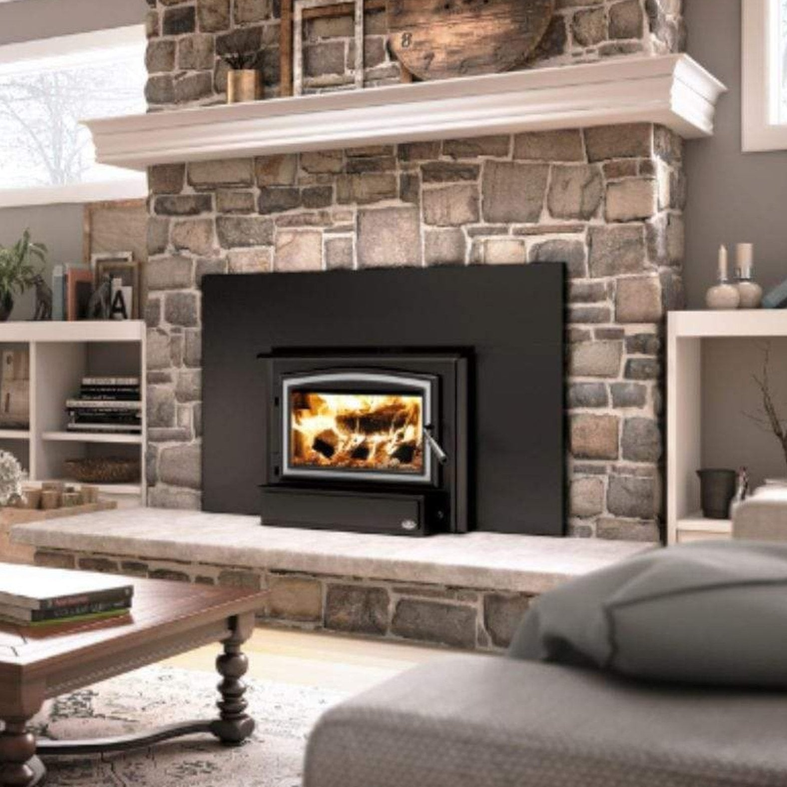Osburn 1700 Wood Insert With Brushed Nickel Door Overlay, Faceplate & Black Large Faceplate Trims