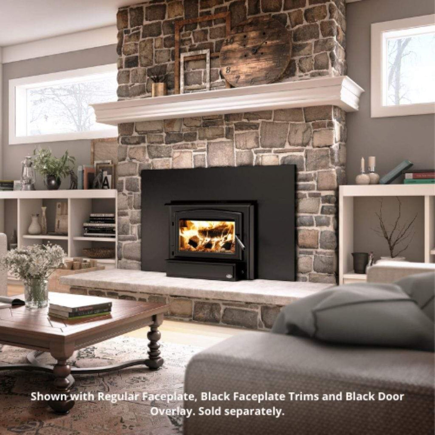 Osburn 1700 Wood Insert With Brushed Nickel Door Overlay, Faceplate & Black Large Faceplate Trims