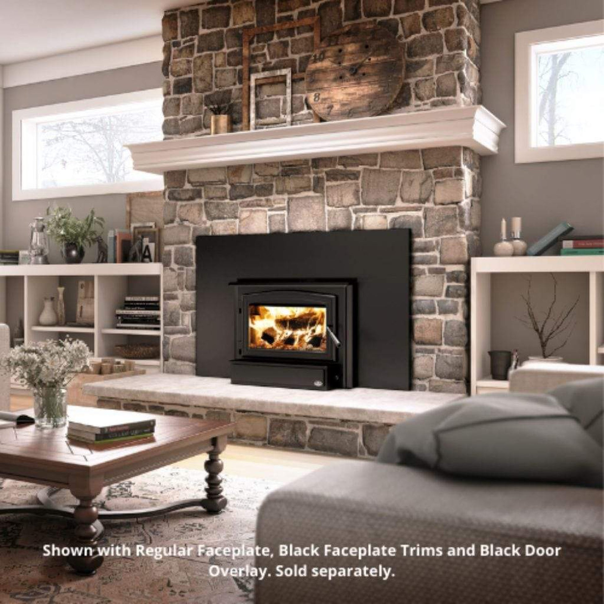 Osburn 1700 Wood Insert With Brushed Nickel Door Overlay, Faceplate & Black Large Faceplate Trims