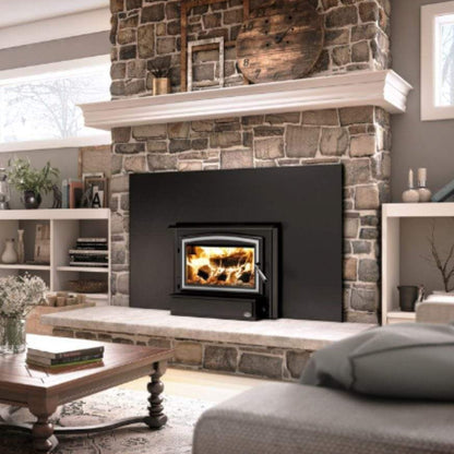 Osburn 1700 Wood Insert With Brushed Nickel Door Overlay, Large Faceplate & Black Large Faceplate Trims