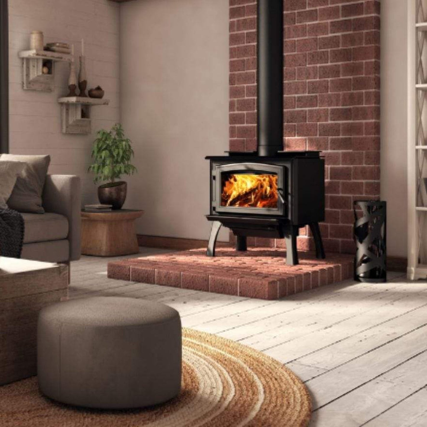 Osburn 1700 Wood Stove With Black Door Overlay & Black Cast Iron Straight Legs With Ash Drawer