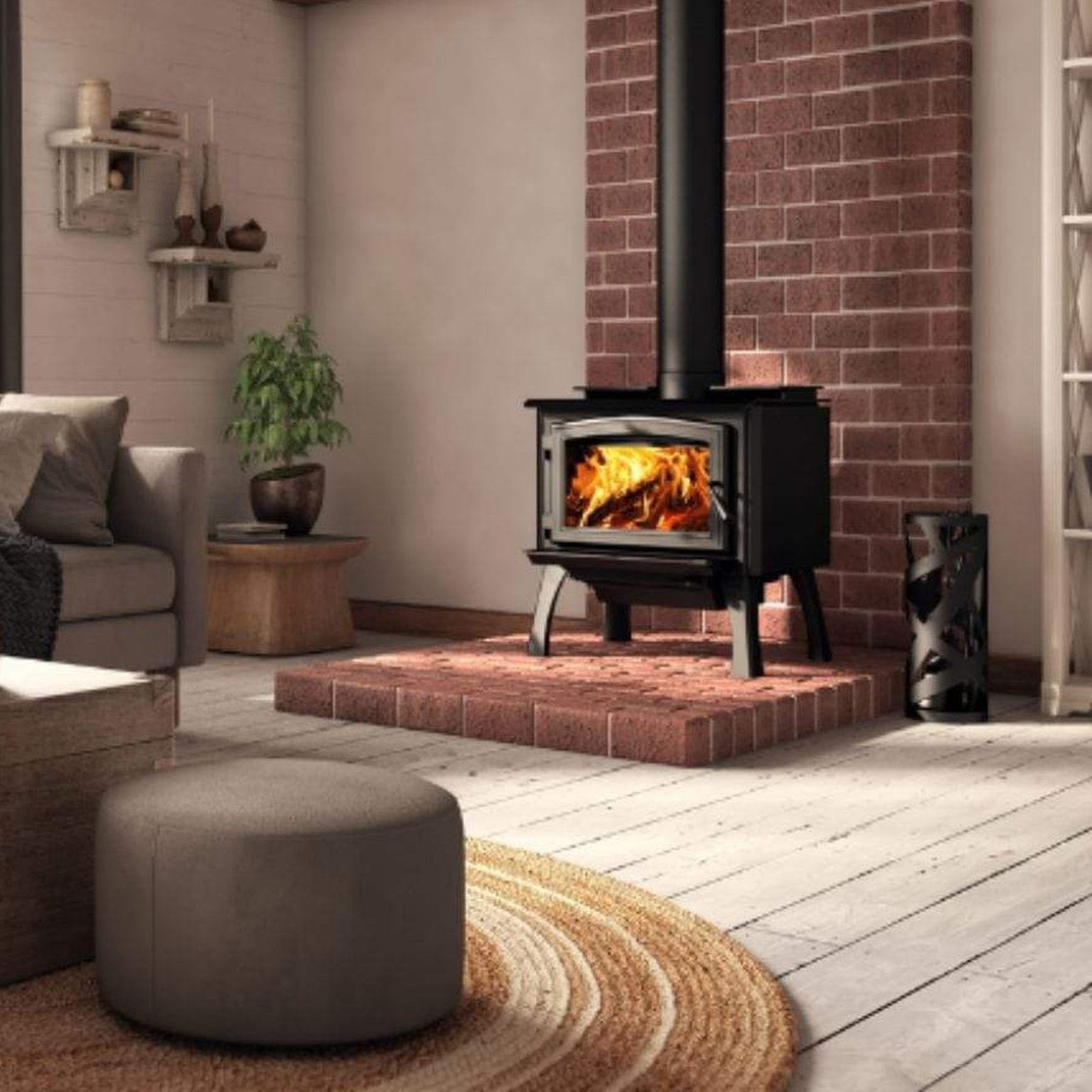Osburn 1700 Wood Stove With Black Door Overlay & Black Cast Iron Straight Legs With Ash Drawer