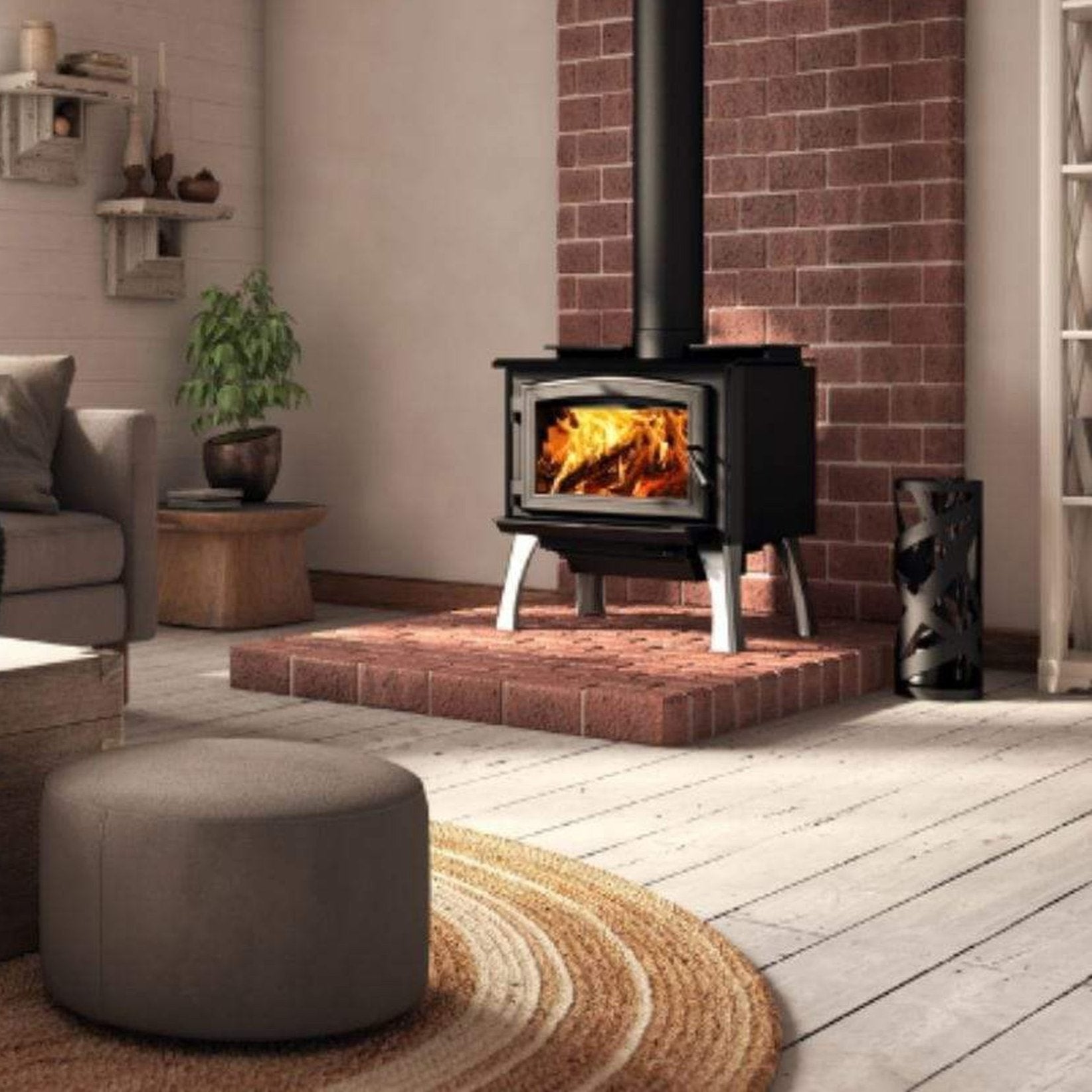 Osburn 1700 Wood Stove With Black Door Overlay & Brushed Nickel Cast Iron Straight Legs With Ash Drawer