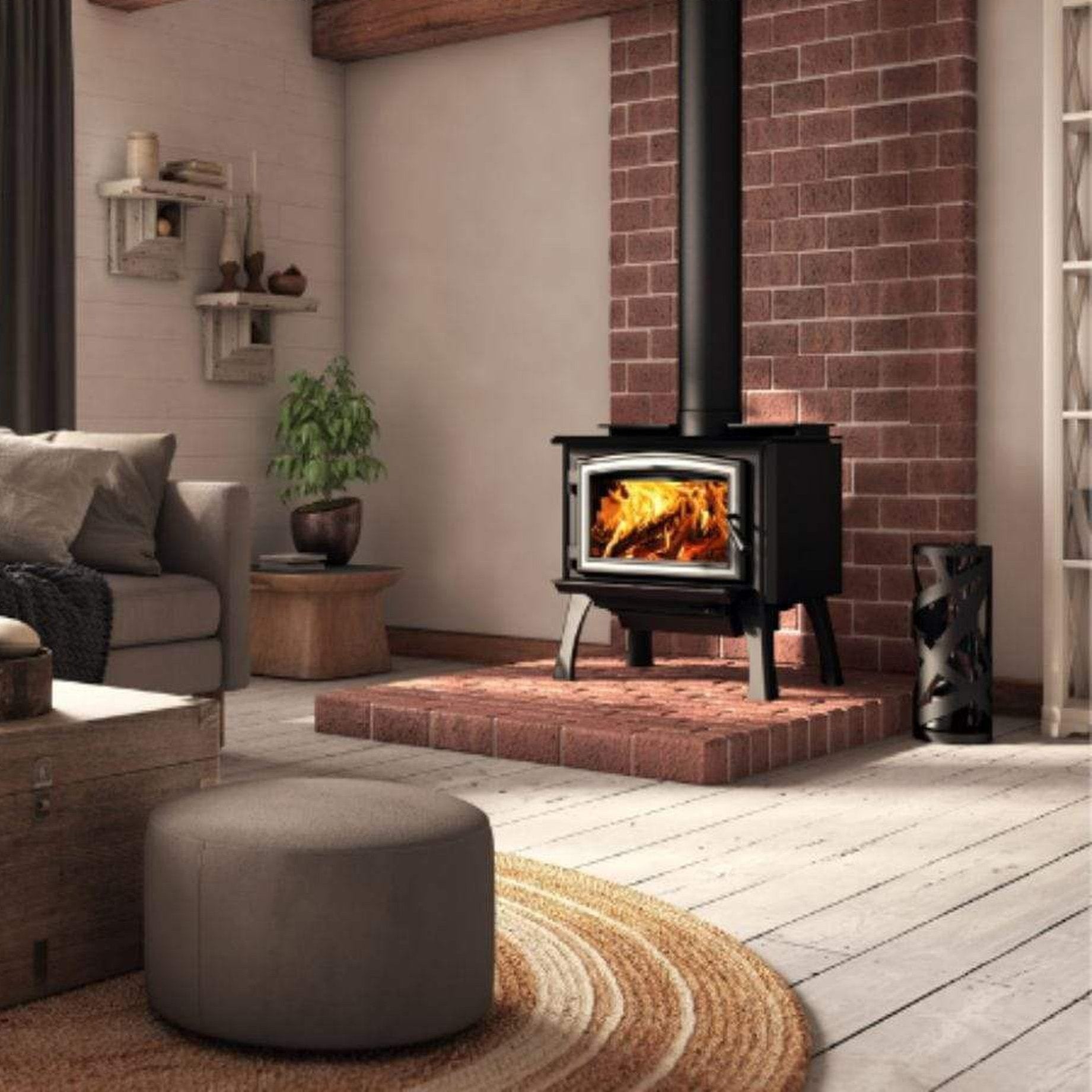 Osburn 1700 Wood Stove With Brushed Nickel Door Overlay & Black Cast Iron Straight Legs With Ash Drawer