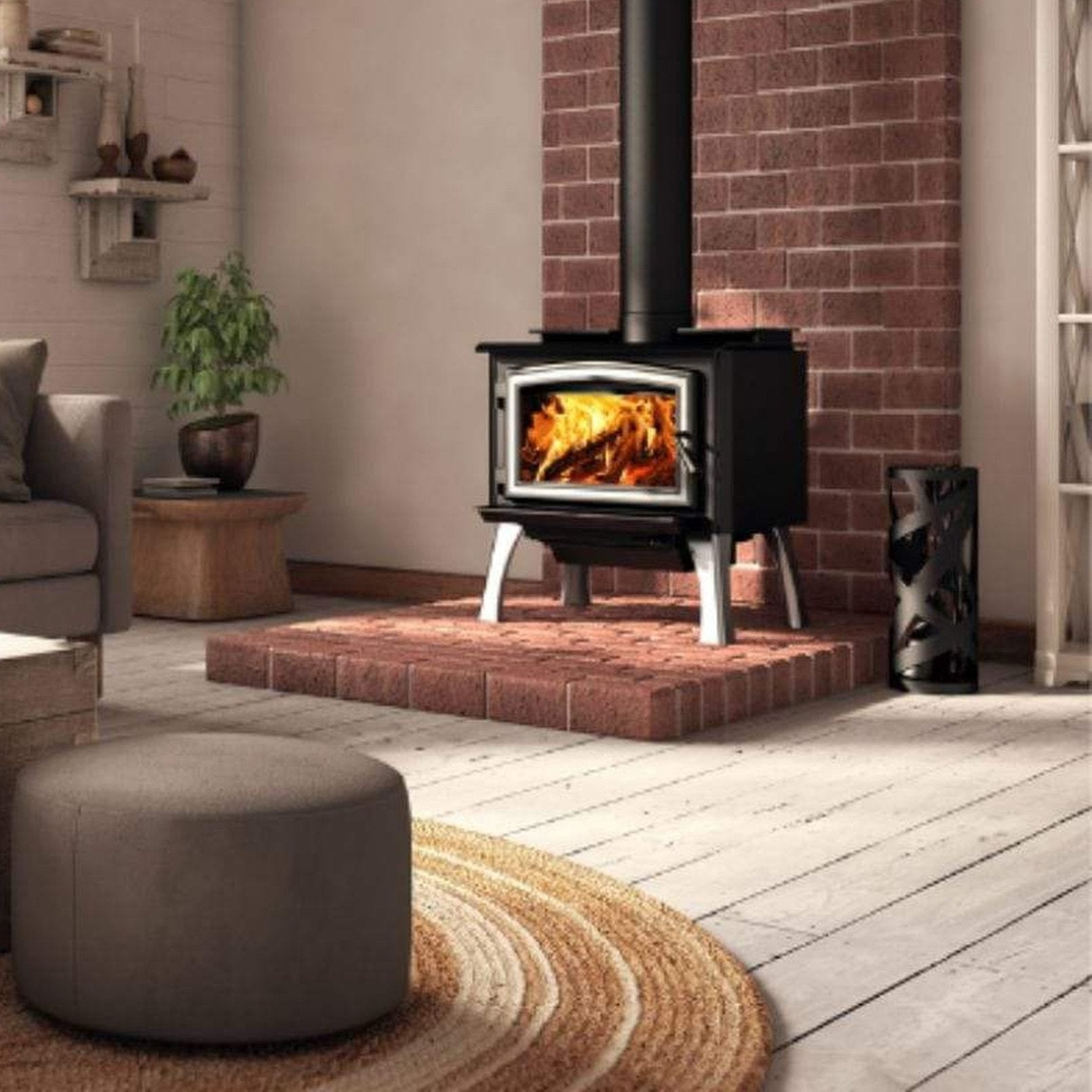Osburn 1700 Wood Stove With Brushed Nickel Door Overlay & Brushed Nickel Cast Iron Straight Legs With Ash Drawer