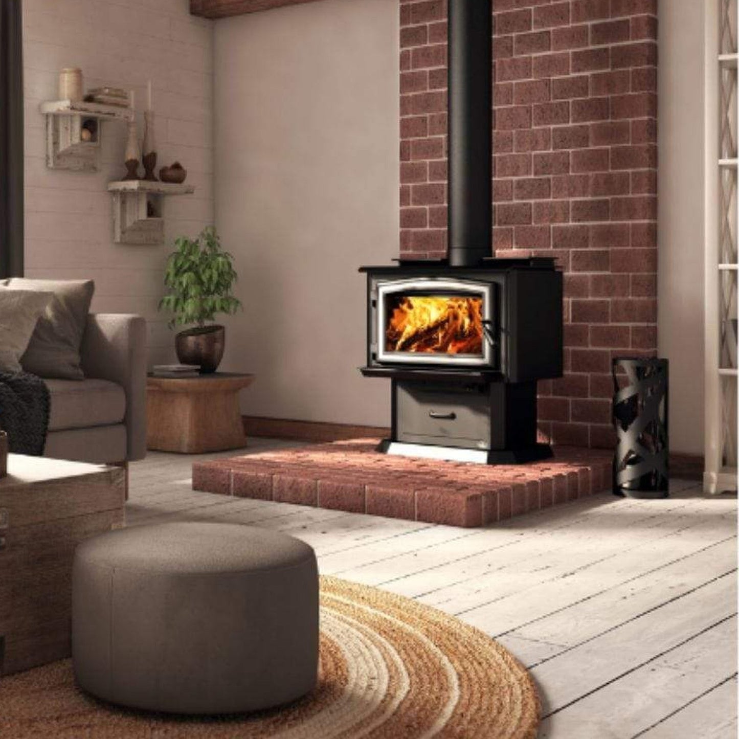 Osburn 1700 Wood Stove With Brushed Nickel Door Overlay & Pedestal With Ash Drawer