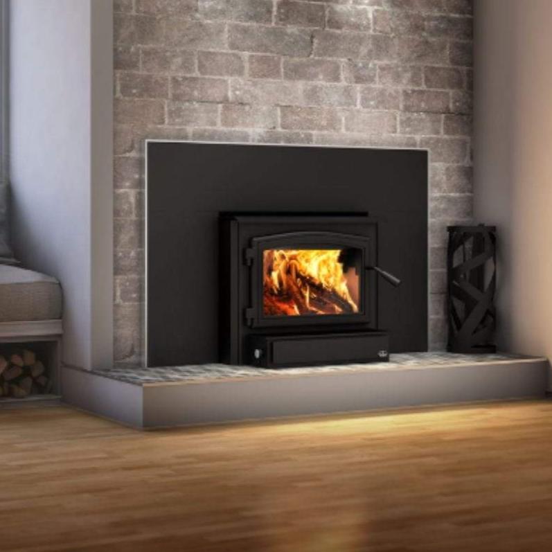 Osburn 2000 Wood Insert With Black Door Overlay, Large Faceplate, Brushed Nickel Faceplate Trims & Forever Flex Liner Kit