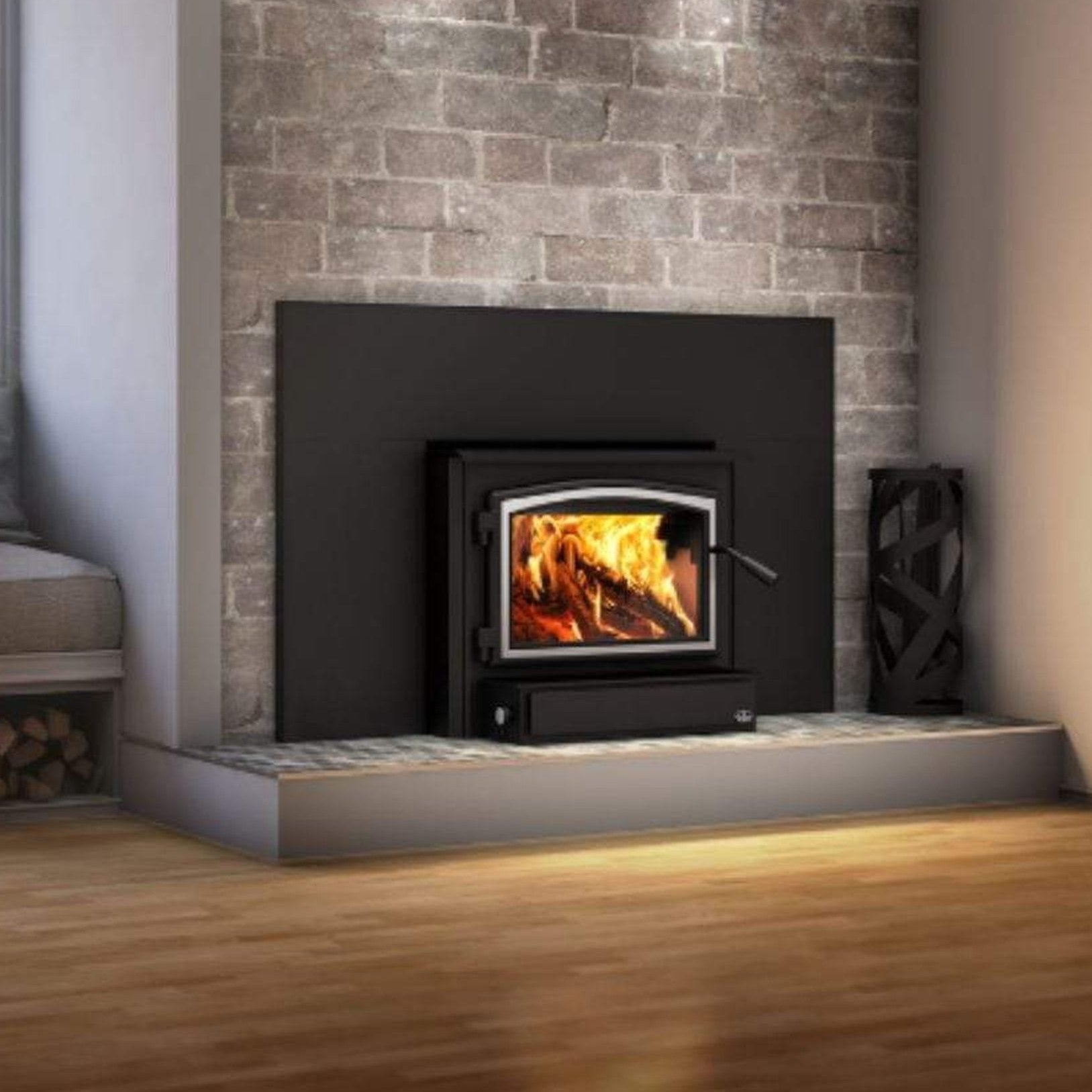 Osburn 2000 Wood Insert With Brushed Nickel Door Overlay, Large Faceplate & Black Faceplate Trims