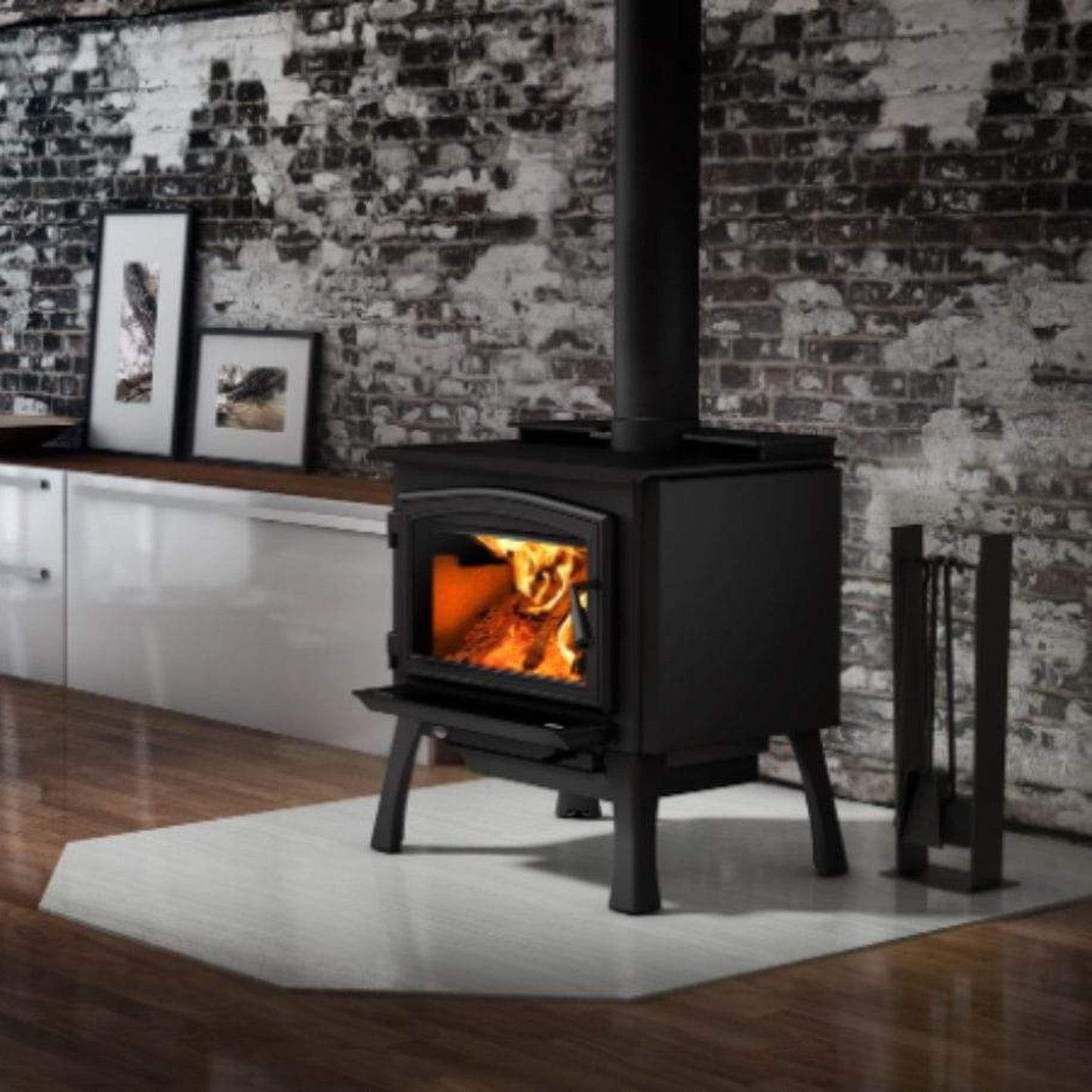 Osburn 2000 Wood Stove With Black Door Overlay & Black Cast Iron Straight Legs With Ash Drawer