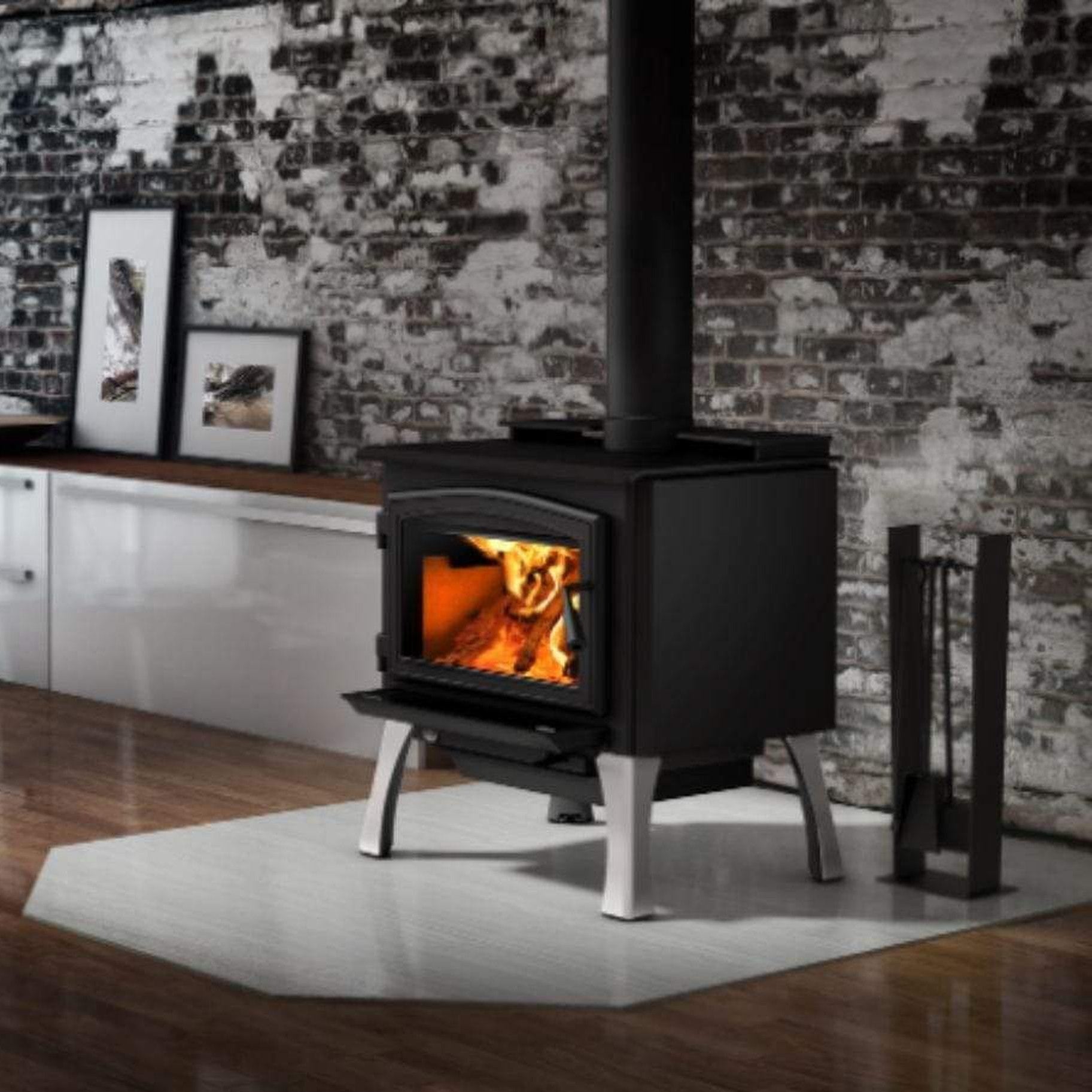 Osburn 2000 Wood Stove With Black Door Overlay & Brushed Nickel Cast Iron Straight Legs With Ash Drawer