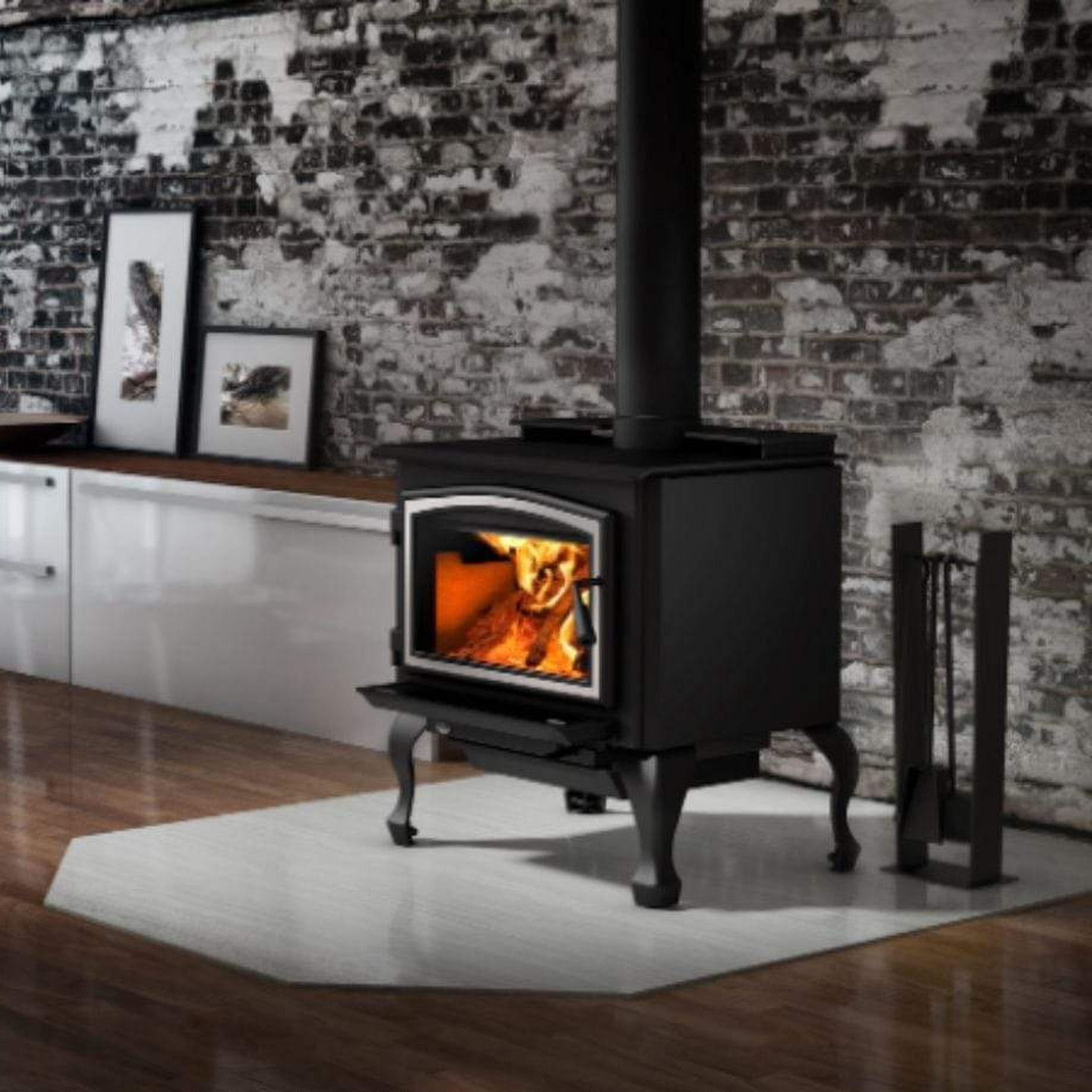 Osburn 2000 Wood Stove With Brushed Nickel Door Overlay & Black Cast Iron Traditional Legs With Ash Drawer
