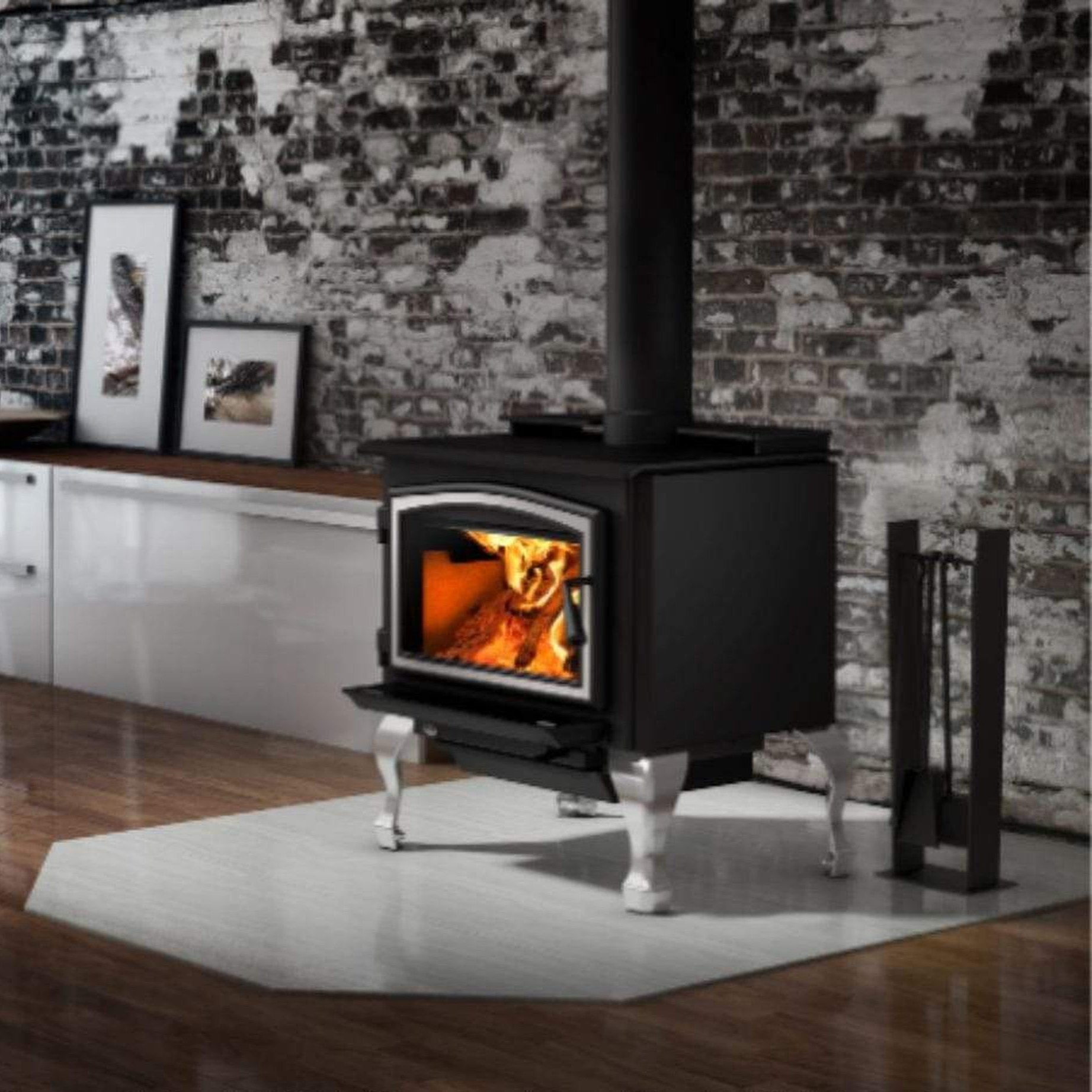Osburn 2000 Wood Stove With Brushed Nickel Door Overlay & Brushed Nickel Cast Iron Traditional Legs With Ash Drawer