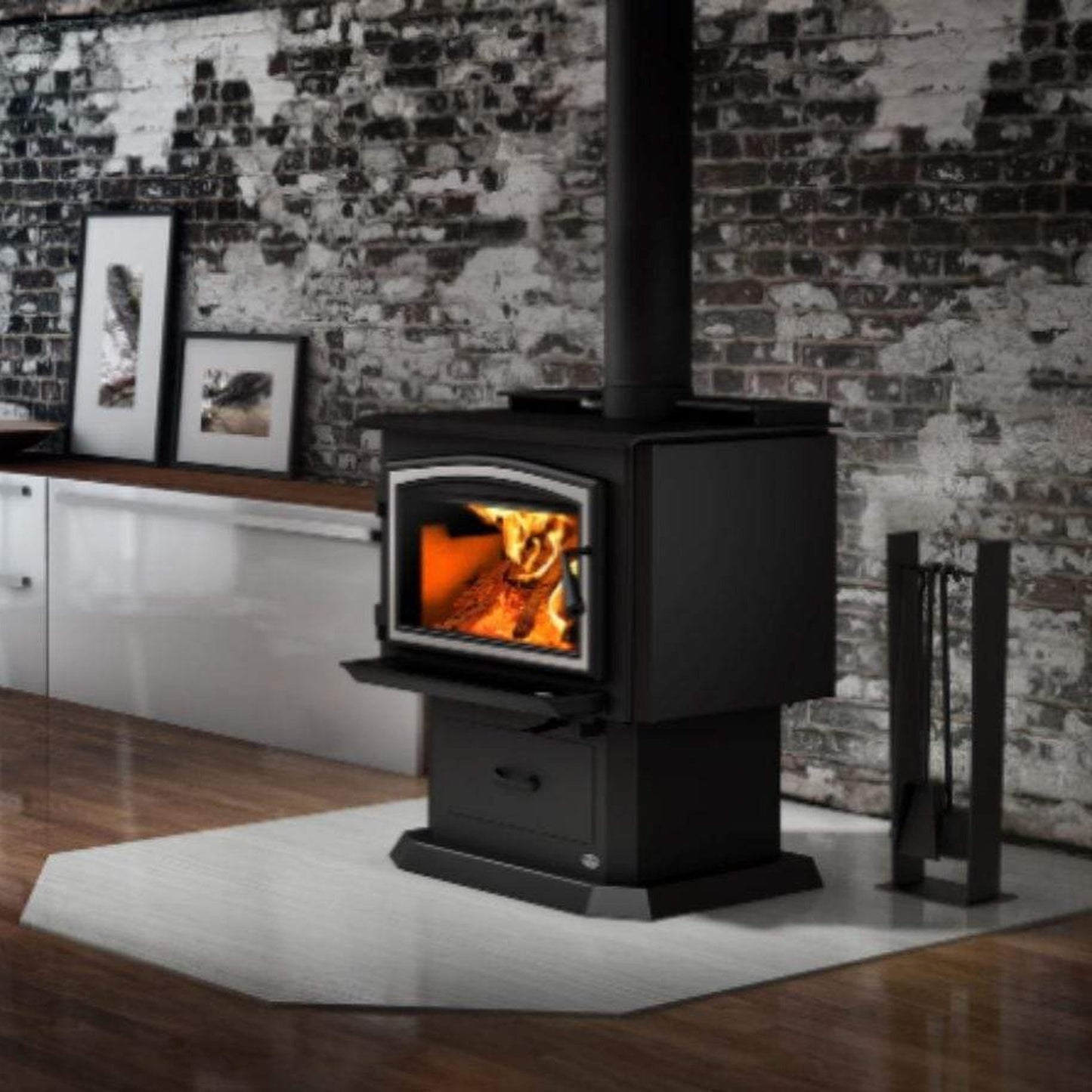 Osburn 2000 Wood Stove With Brushed Nickel Door Overlay & Pedestal With Ash Drawer