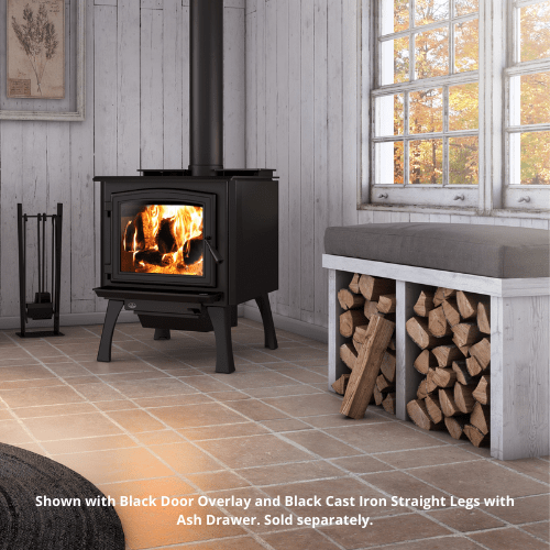 Modern Wood Burning Stove with Accessories and Red Gloves Next To