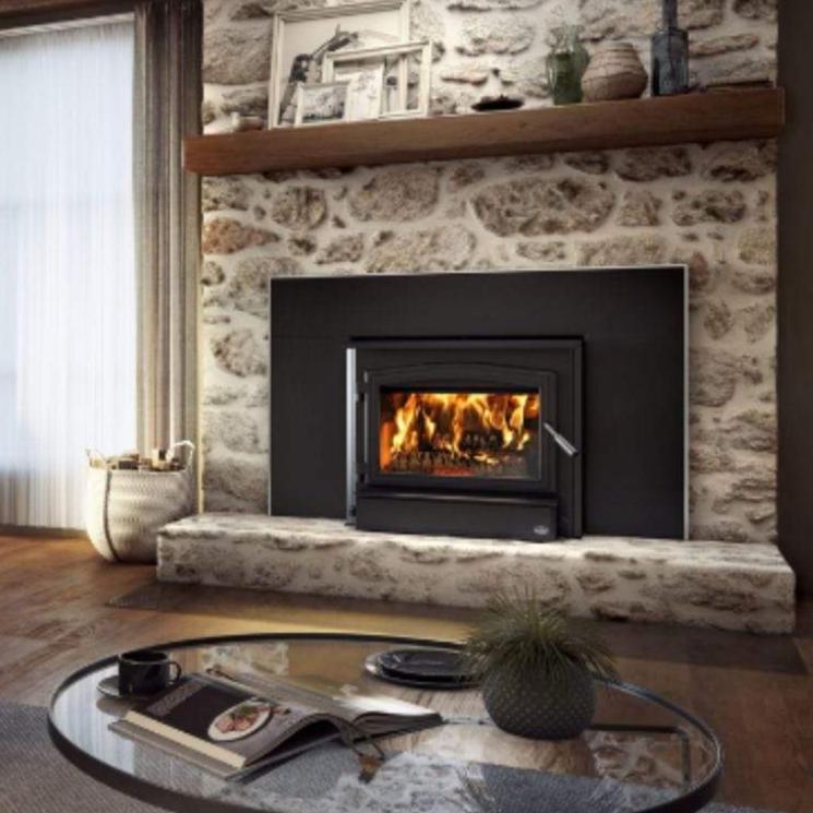 Osburn 3500 Wood Insert With Black Door Overlay, Large Faceplate, Brushed Nickel Large Faceplate Trims & Forever Flex Liner Kit