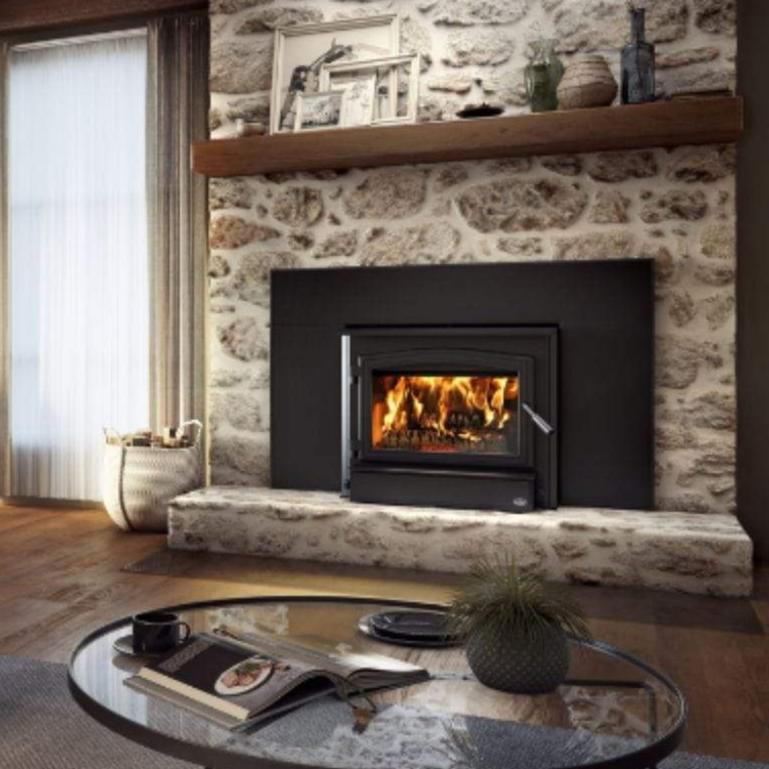 Osburn 3500 Wood Insert With Black Door Overlay, Large Faceplate, Black Large Faceplate Trims & Forever Flex Liner Kit