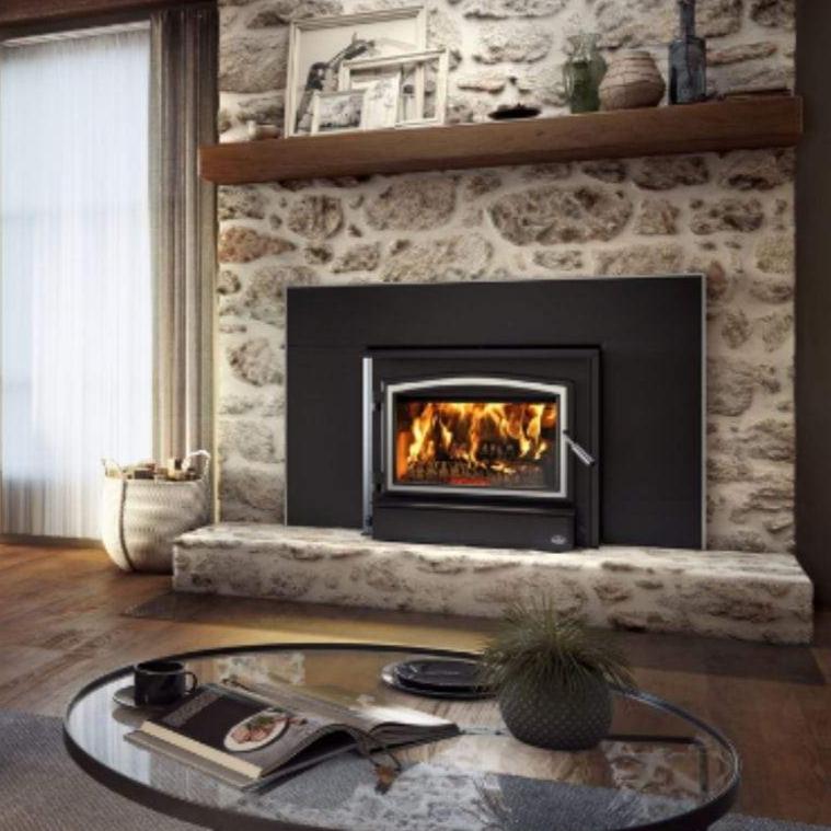 Osburn 3500 Wood Insert With Brushed Nickel Door Overlay, Large Faceplate, Brushed Nickel Faceplate Trims & Forever Flex Liner Kit