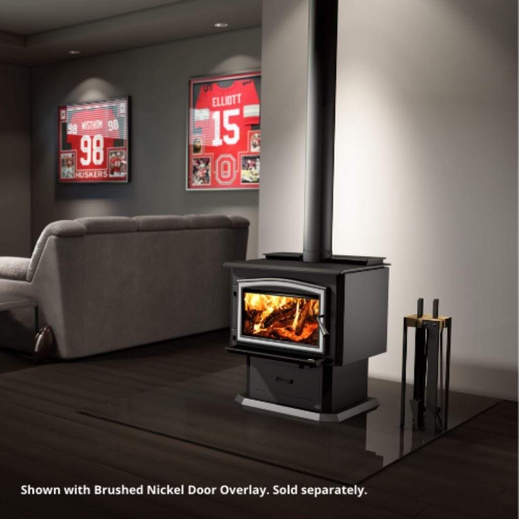 Osburn 3500 Wood Stove with Ash Pan Pedestal with Heat Activated Variable Speed Blower (130 CFM)
