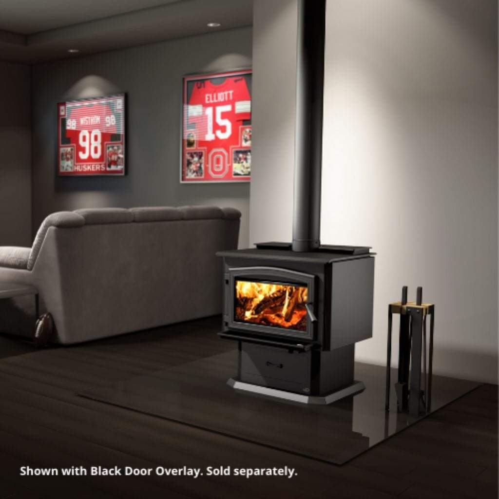 Osburn 3500 Wood Stove with Ash Pan Pedestal with Heat Activated Variable Speed Blower (130 CFM)