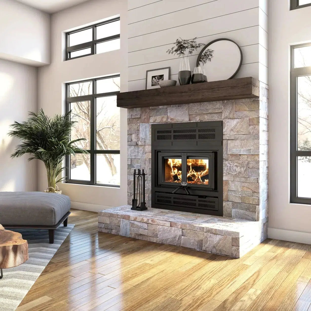 Osburn Everest II Wood Fireplace With Black Door Overlay & Modern Faceplate