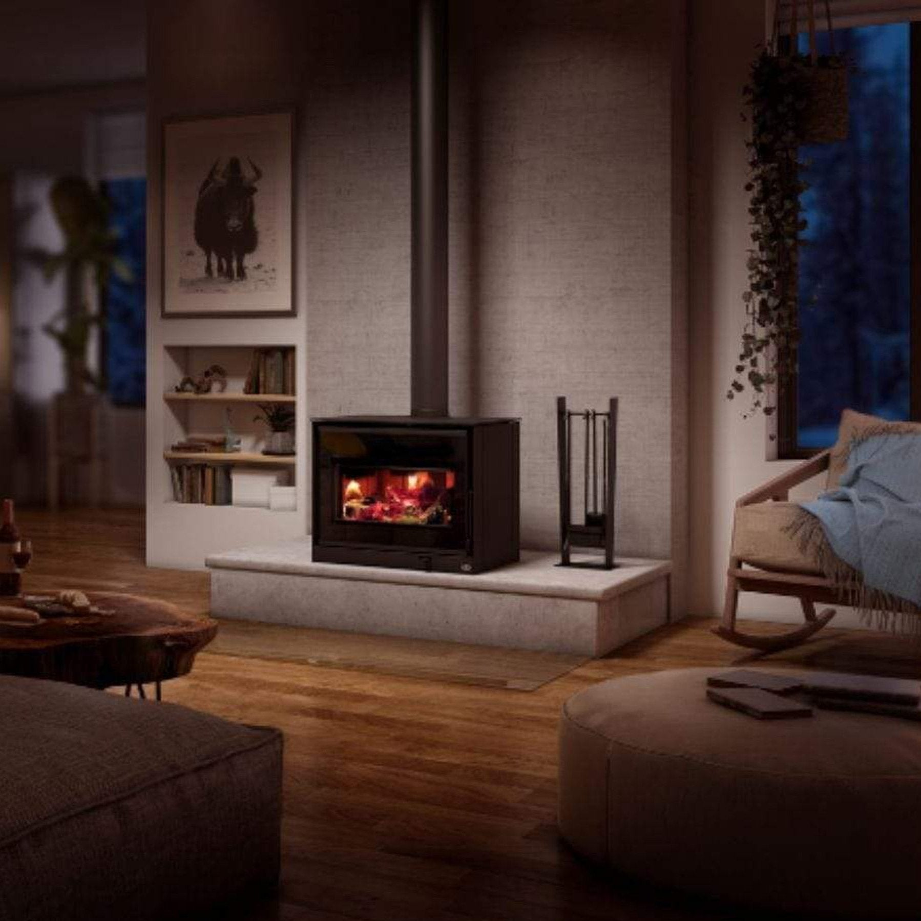 Osburn Inspire 2000 Wood Stove With Black Decorative Side Panel & Minimalist Base