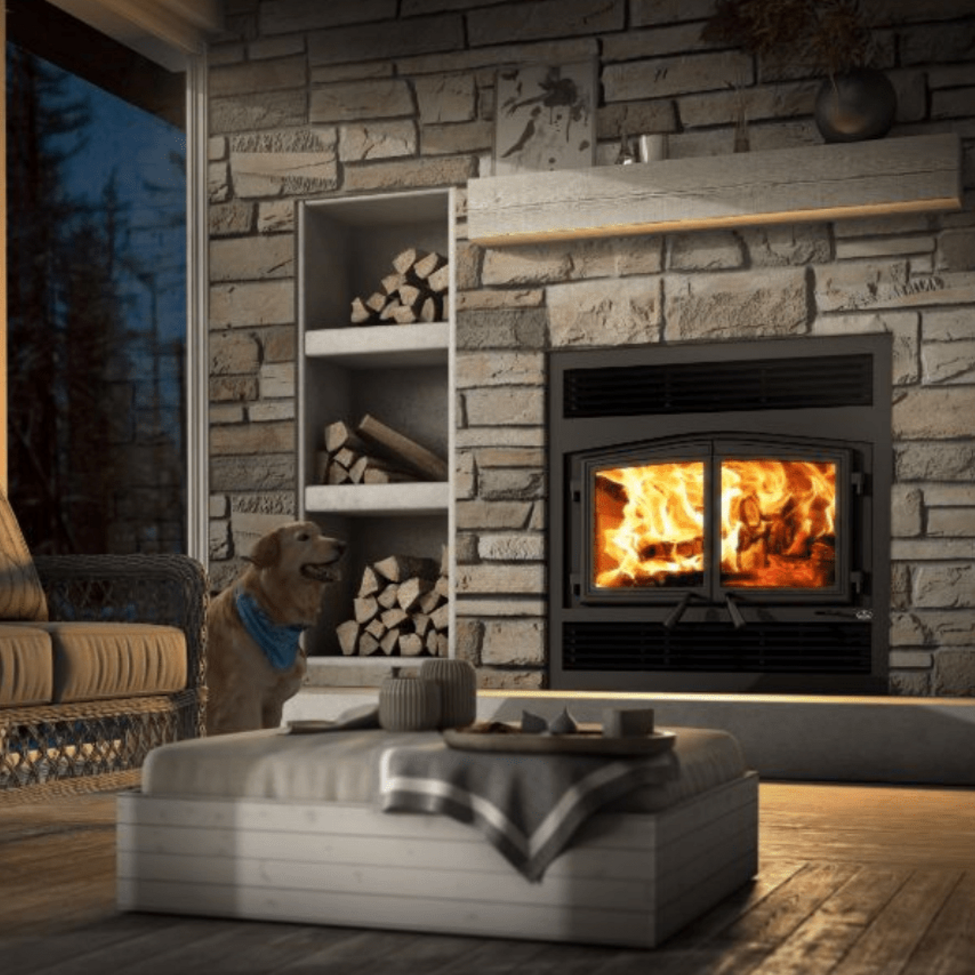 Osburn Stratford II Wood Fireplace With Black Door Overlay