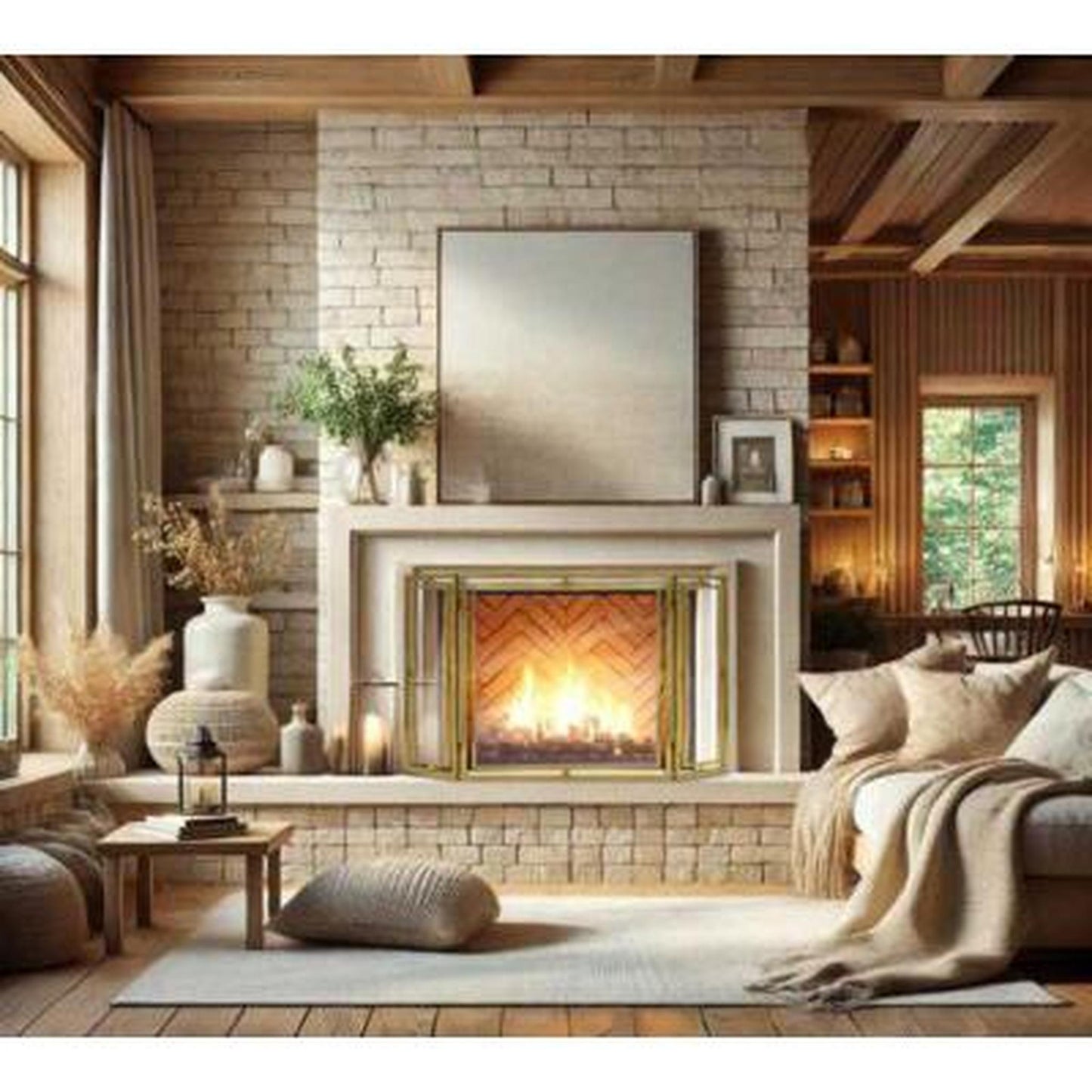 Pilgrim 50" Burnished Brass Floating Glass Tri-Panel Screen