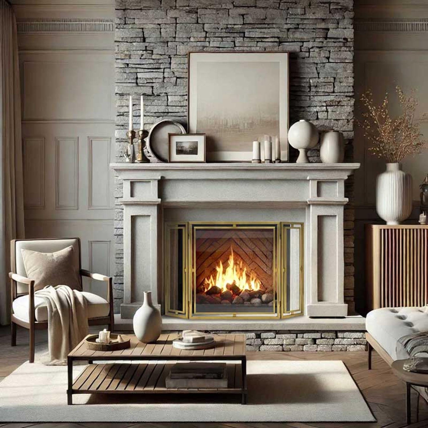 Pilgrim 50" Burnished Brass Floating Glass Tri-Panel Screen