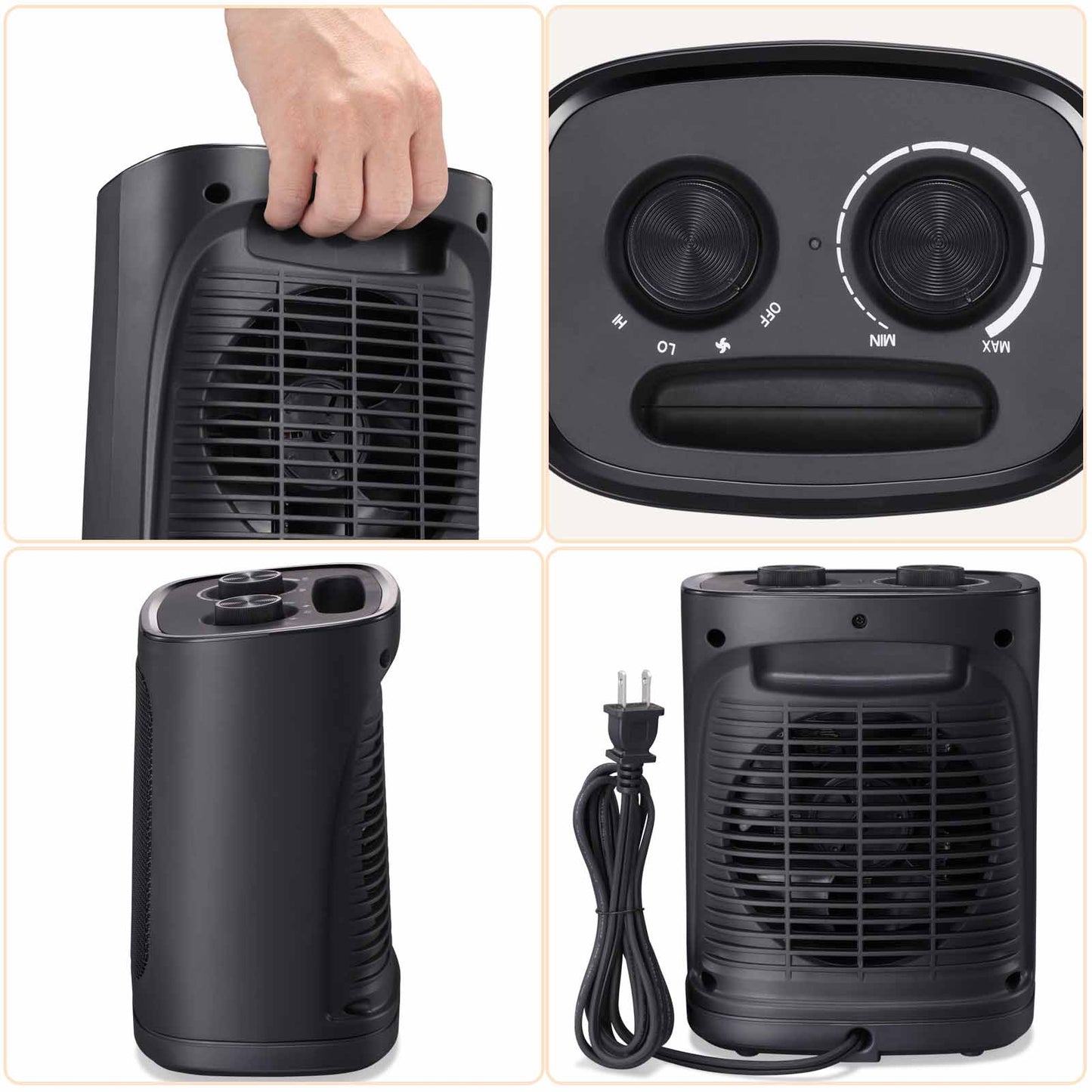 R.W.FLAME Black 1500W Electric Heater With Adjustable Thermostat