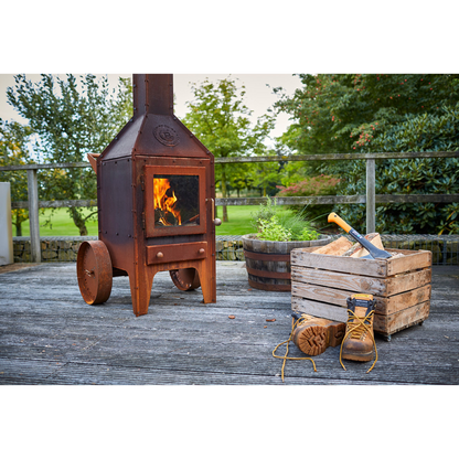RB73 Bijuga 3mm CorTen Steel Fireplace With Two Wheels and a Push Bar