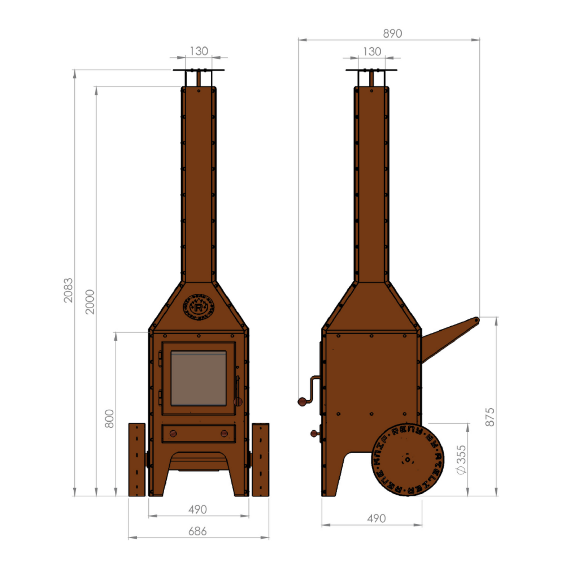 RB73 Bijuga 3mm CorTen Steel Fireplace With Two Wheels and a Push Bar