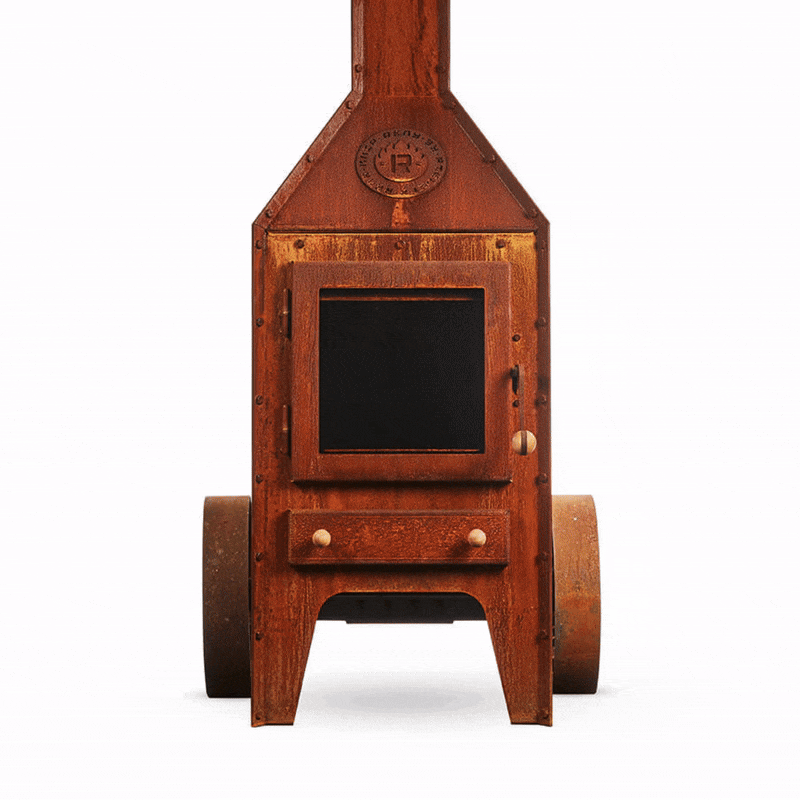 RB73 Bijuga 3mm CorTen Steel Fireplace With Two Wheels and a Push Bar